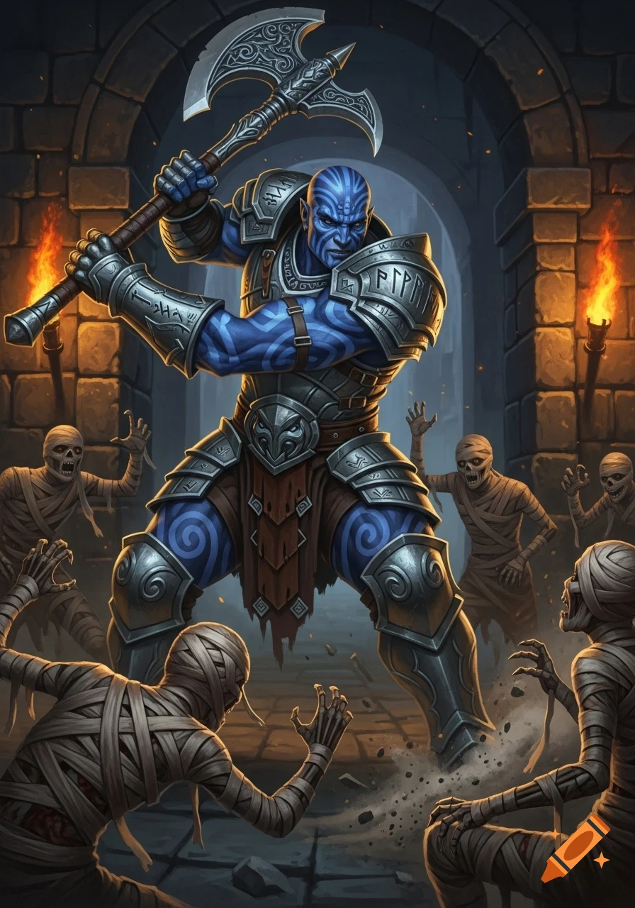 A blue-skinned warrior with tribal tattoos and plate armor swings a double-bladed axe at attacking mummies in a dark stone dungeon.