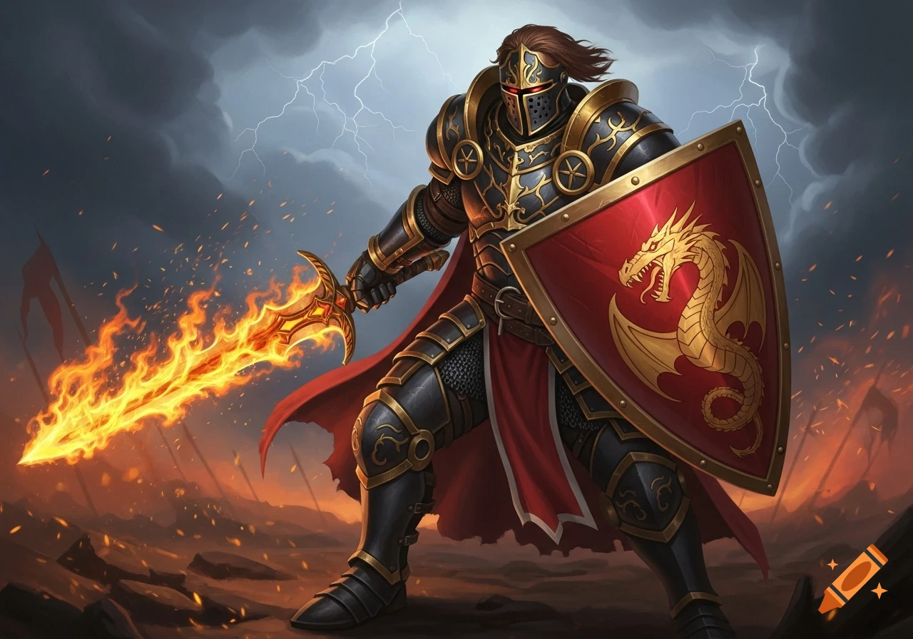 A human male knight in black and gold armor wields a flaming longsword and a red and gold dragon shield on a stormy battlefield.