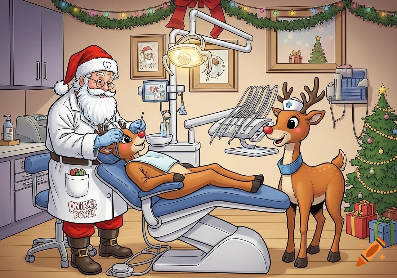 Santa Claus, dressed as a dentist, examines the teeth of a reindeer lying on a dental chair, while another reindeer in a nurse's hat watches in a cheerful cartoon style.