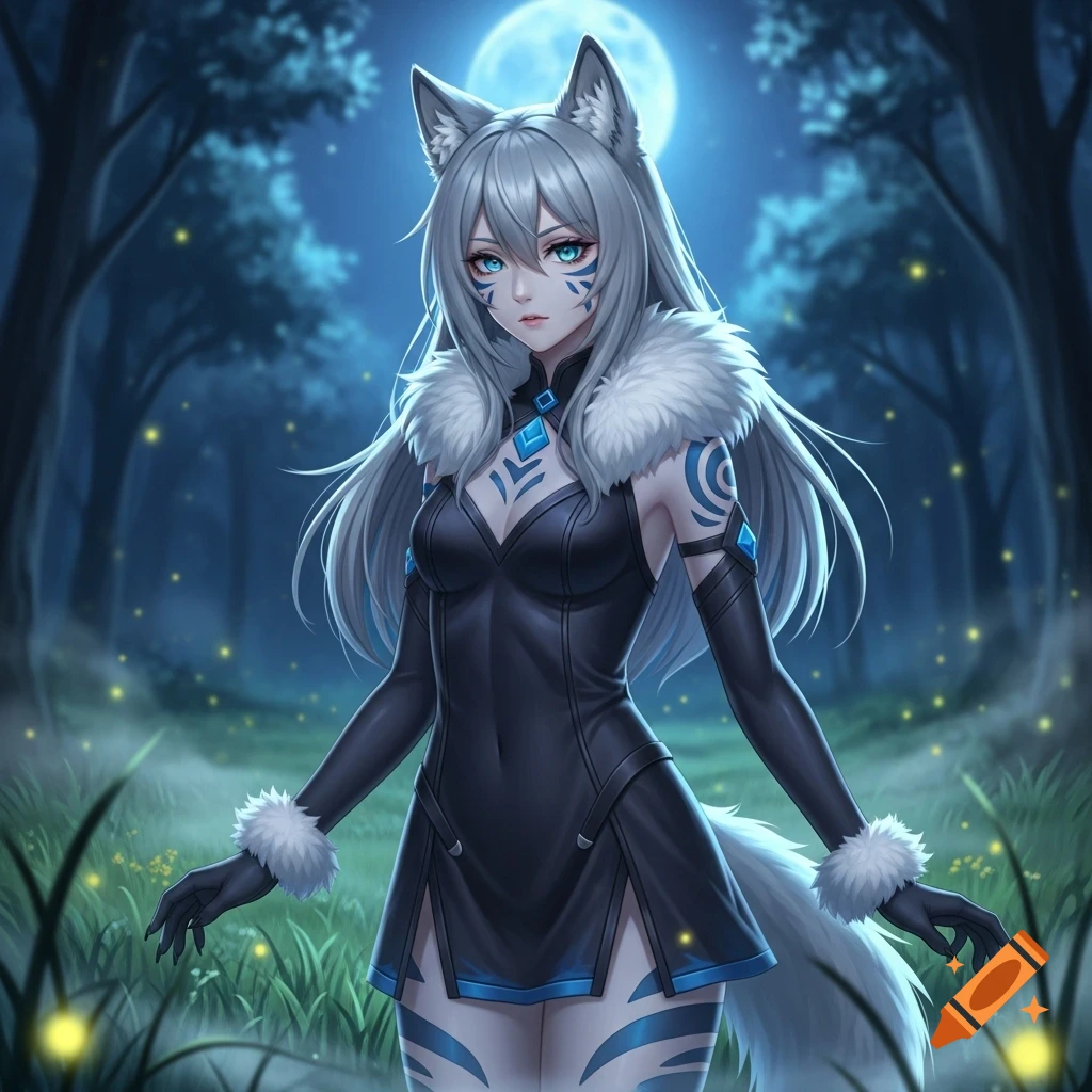 Anime wolf girl with silver hair, blue eyes, and tribal markings, wearing a black fur-trimmed dress in a dark forest under a full moon.