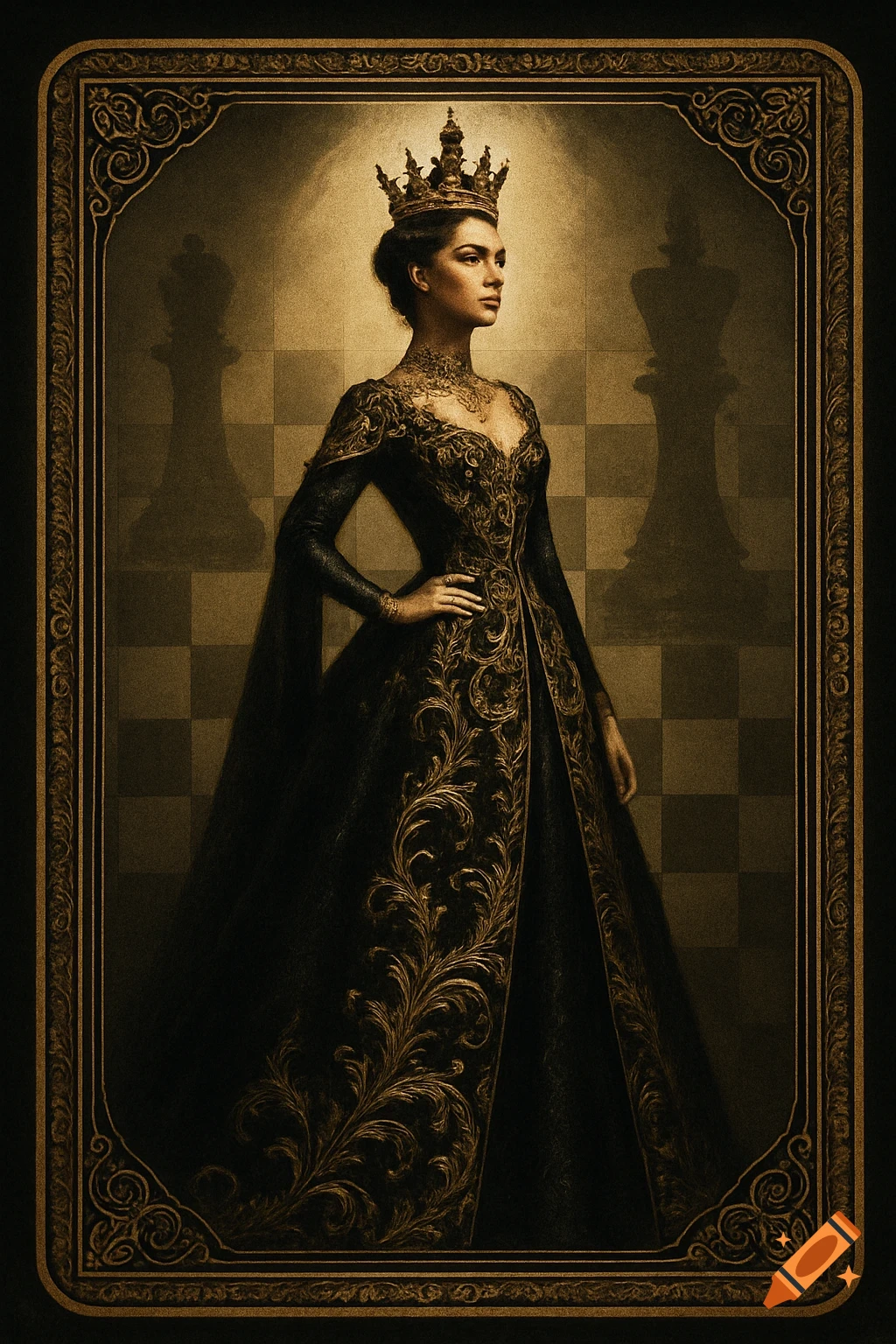 Regal woman in an ornate black and gold gown and crown, styled as a chess queen, framed like a playing card with chess piece shadows.