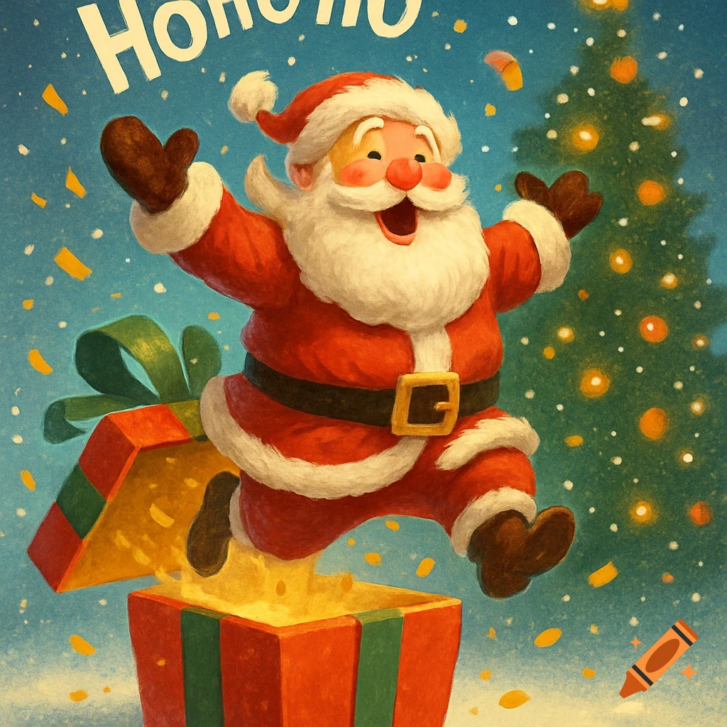 A cartoon Santa Claus jumps out of a red and green gift box, cheering "Hohoho" under a starry sky with a Christmas tree.