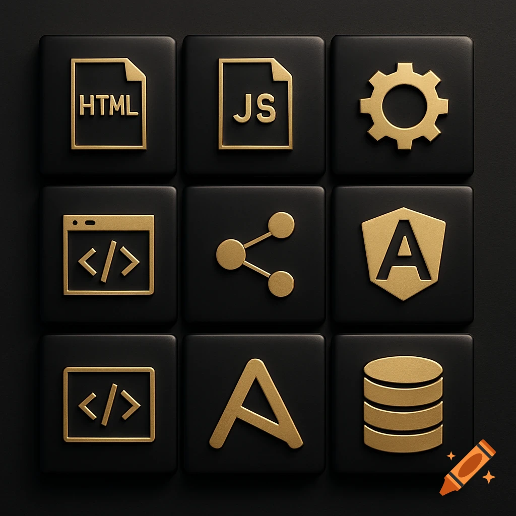 Grid of nine black squares with embossed gold icons representing web development concepts, including HTML, JS, Angular, code, and database symbols.