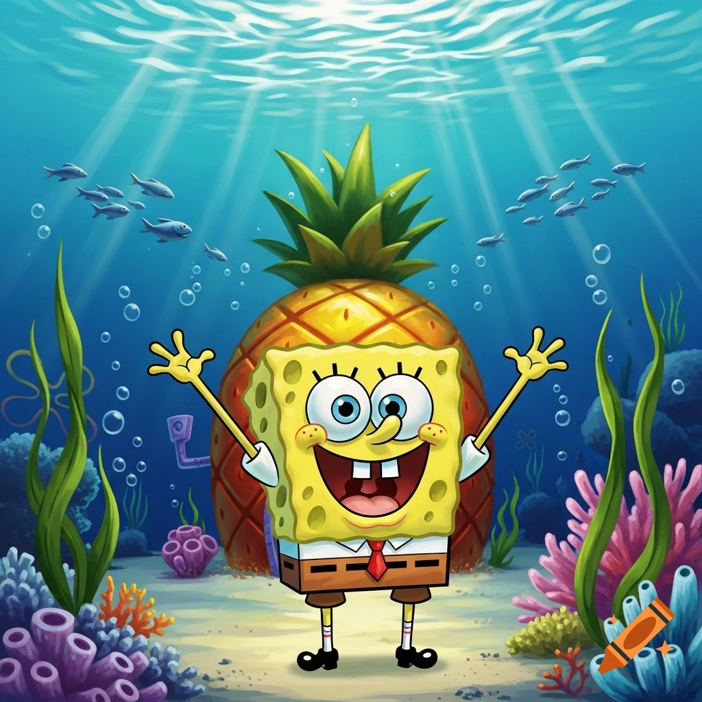 SpongeBob SquarePants stands smiling with arms raised in front of his pineapple house underwater, surrounded by coral and fish.