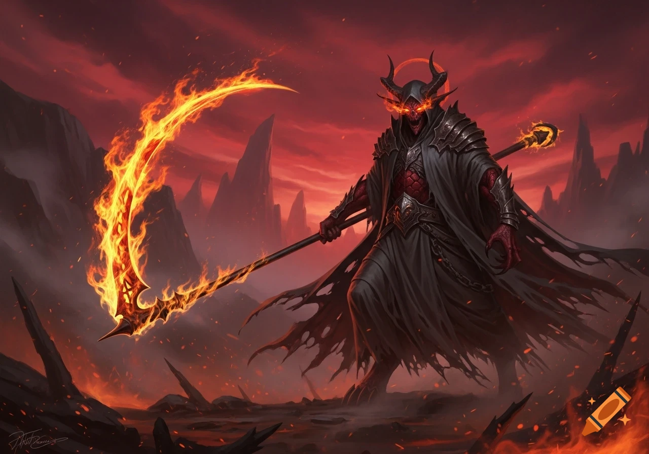 A fearsome horned demon lord with glowing eyes, red skin, dark armor, and a torn cloak, wields a flaming scythe in a hellish, fiery landscape.