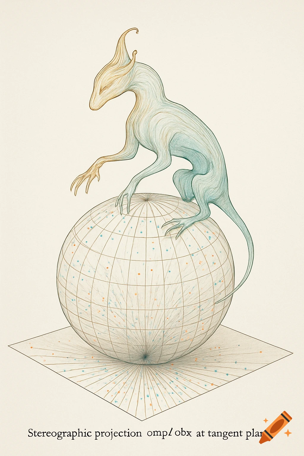 A stylized teal and gold creature with long claws stands atop a white globe, which projects lines onto a tangent plane below. Text at the bottom reads "Stereographic projection omp/obx at tangent plane".