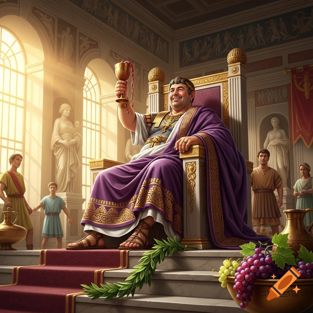 A happy, portly Roman emperor in a purple toga sits on a golden throne, holding a goblet of wine aloft, surrounded by attendants in a grand sunlit hall.