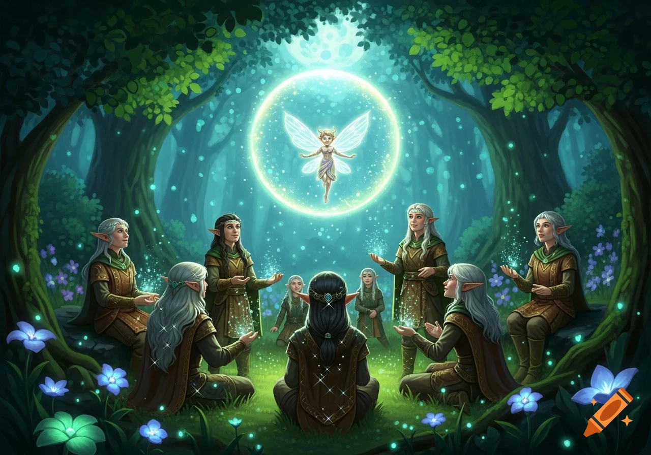 A group of elves with long hair and pointy ears gathered in an enchanted forest, looking at a glowing sprite in a magical bubble.