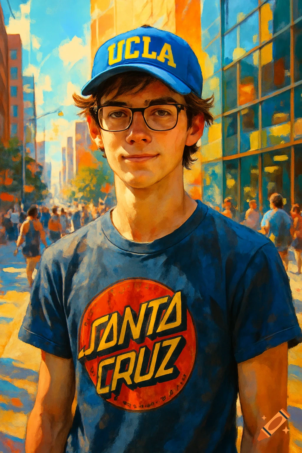 Young man in glasses, blue UCLA hat, and Santa Cruz t-shirt, standing on a painterly city street.