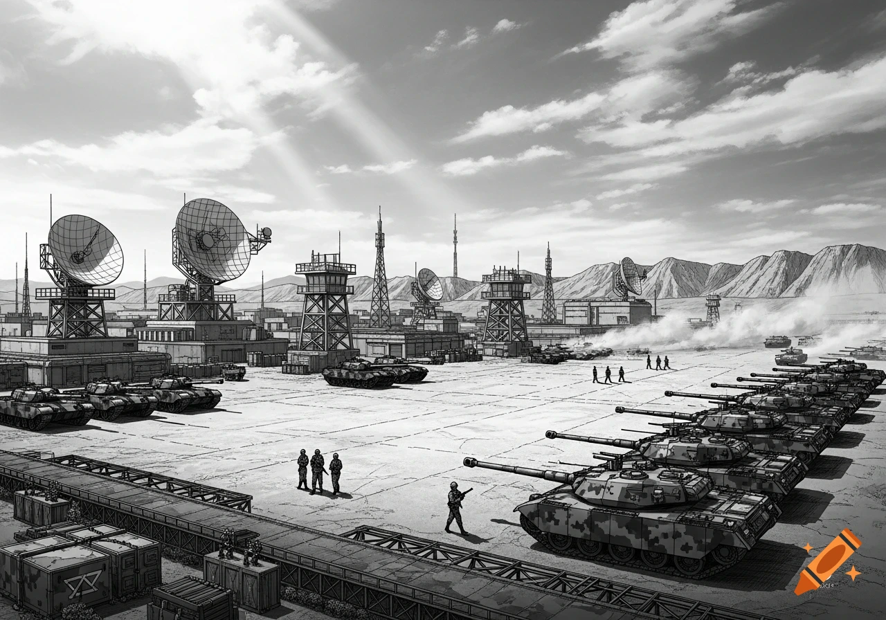 A monochromatic, detailed drawing of a military base with numerous tanks lined up, radar dishes, watchtowers, and soldiers walking across a barren landscape under a cloudy sky, in Yoji Shinkawa style.
