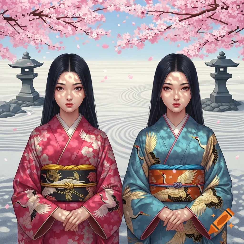 Two Japanese women in pink and blue kimonos with crane patterns stand in a zen garden under cherry blossoms, digital art.