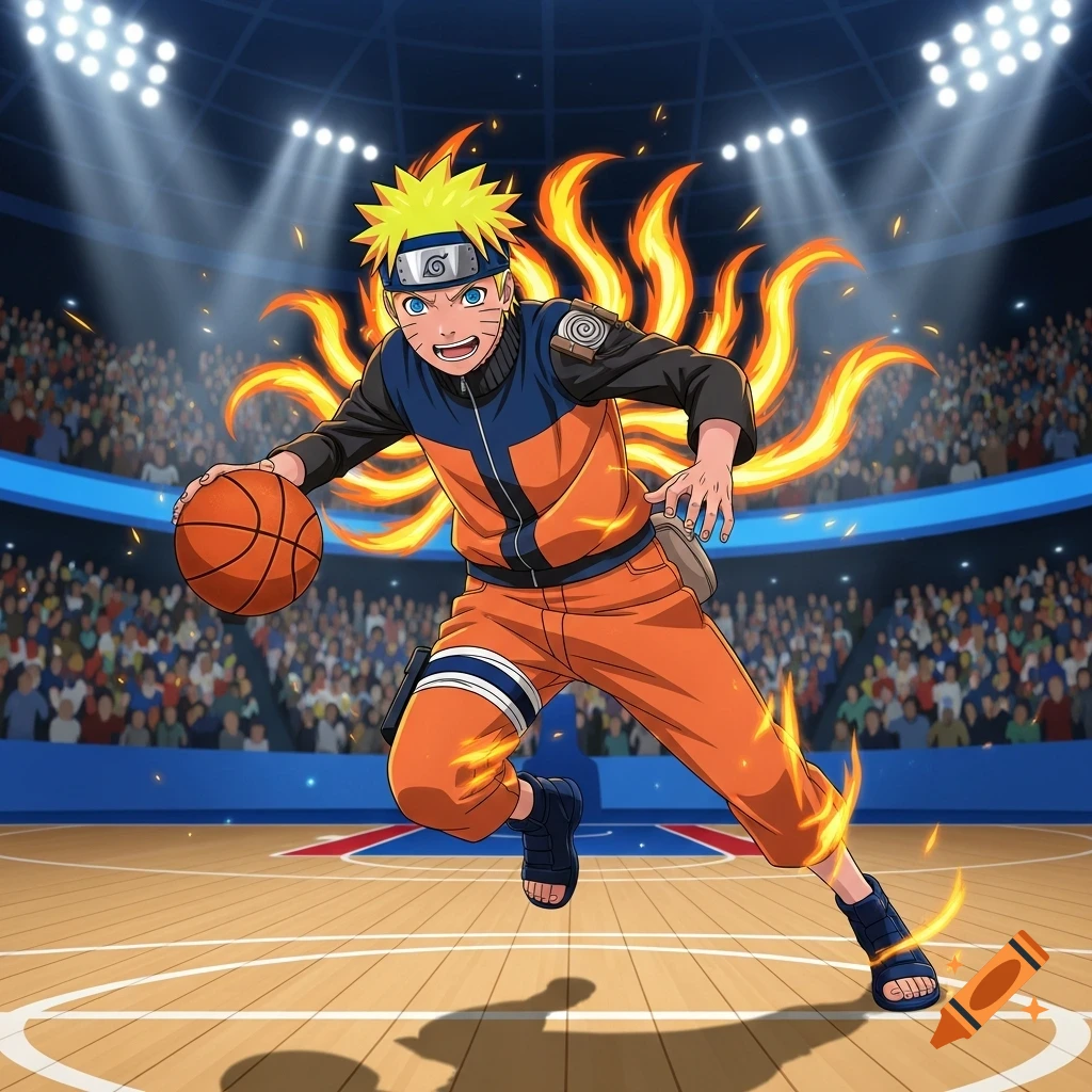 Naruto Uzumaki in an orange and blue tracksuit dribbling a basketball on a court in a stadium, surrounded by a fiery aura, anime style.