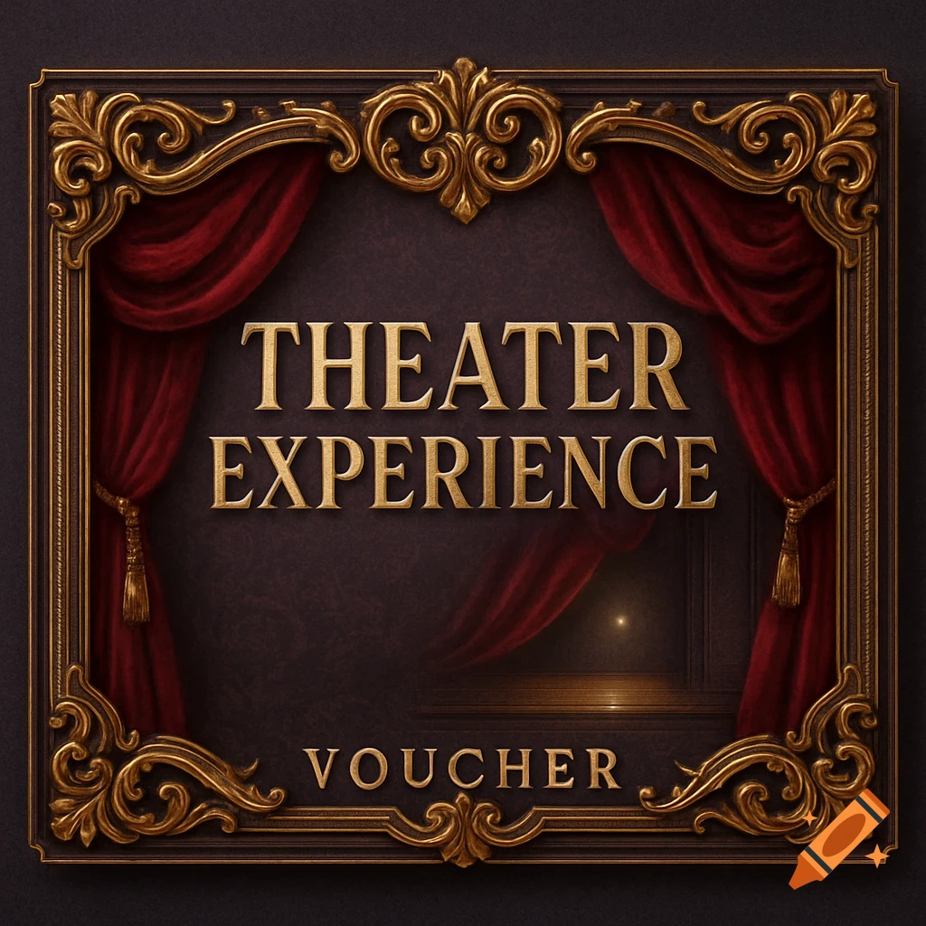 An ornate gold frame with red velvet curtains and the gold text 'THEATER EXPERIENCE VOUCHER' against a dark background.