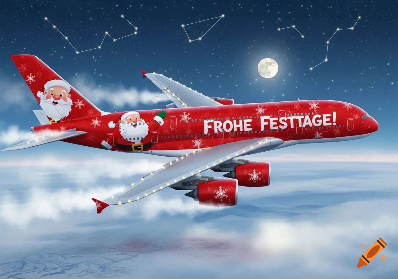 A red Christmas-themed Airbus A380 airplane, decorated with Santa Claus figures, snowflakes, and lights, flies under a starry night sky with a full moon.