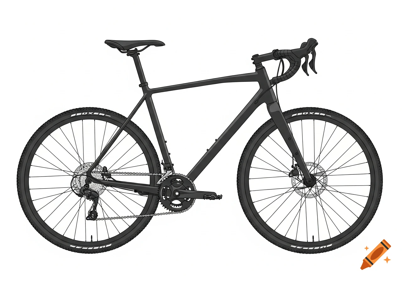 A black gravel bike in a vector graphic style, shown from the side.
