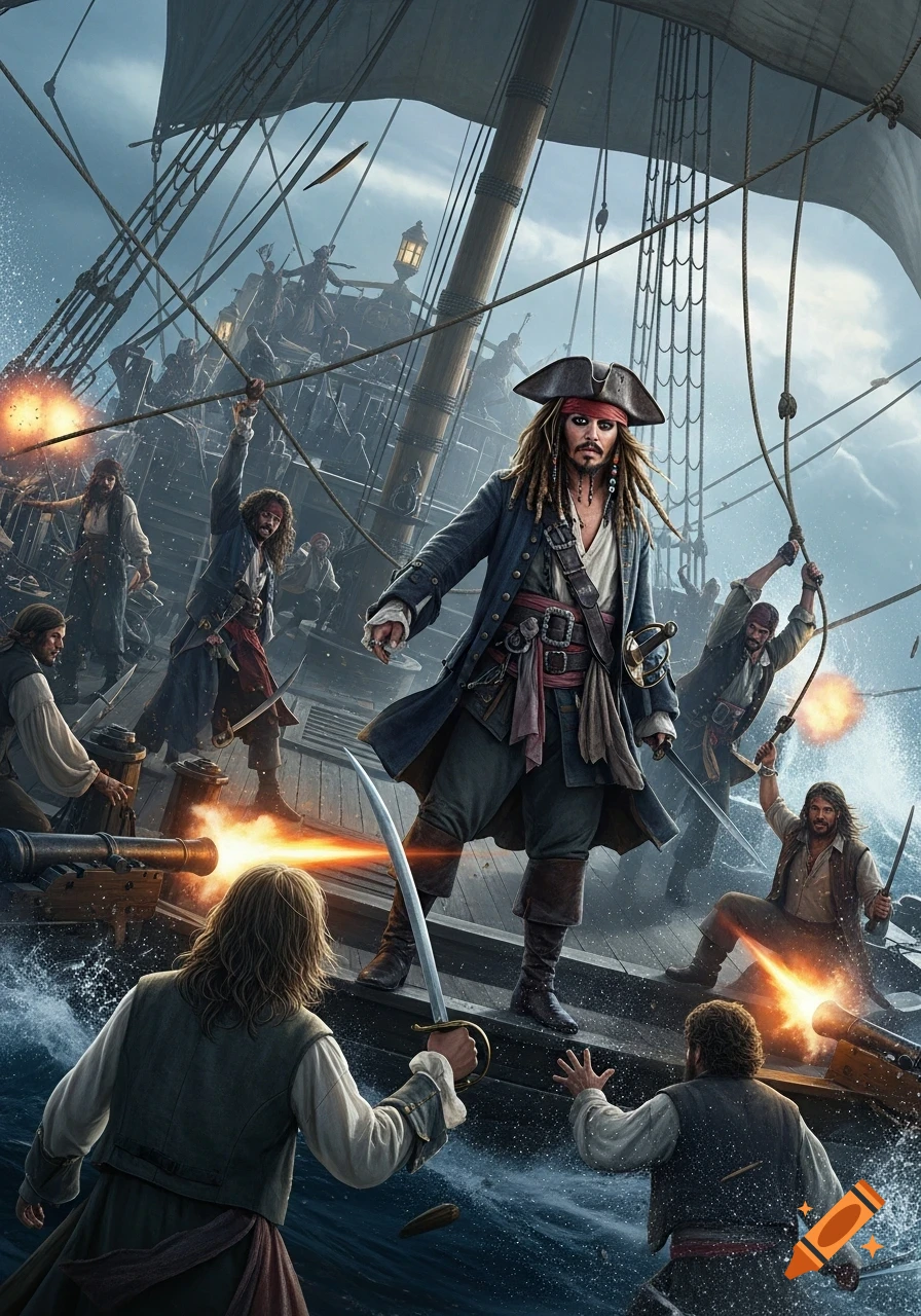 Captain Jack Sparrow and pirates battle on a ship, cannons firing amidst stormy seas. Detailed illustrative style.