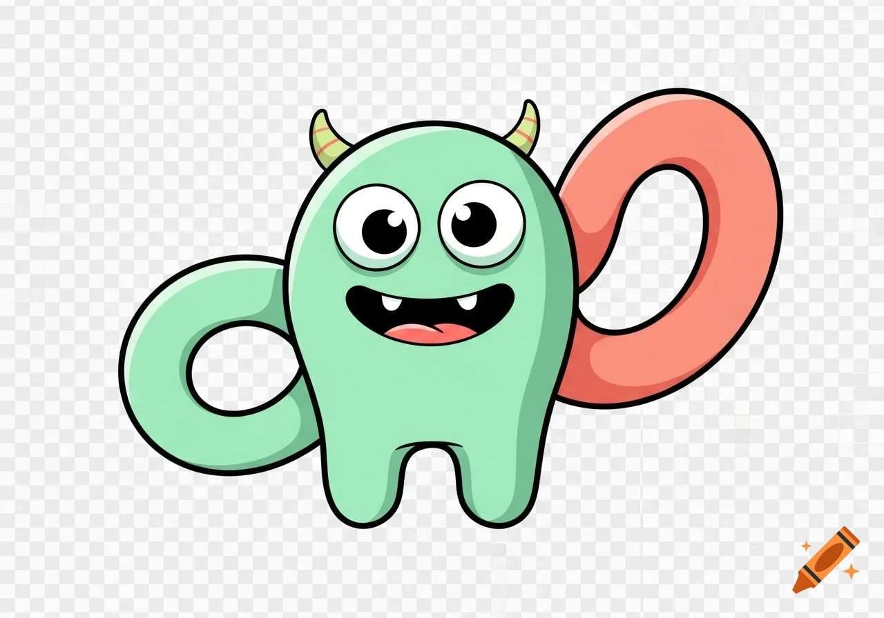 A cheerful, light green cartoon monster with big eyes, two small horns, and two large looping appendages, one light green and one coral, against a transparent background.