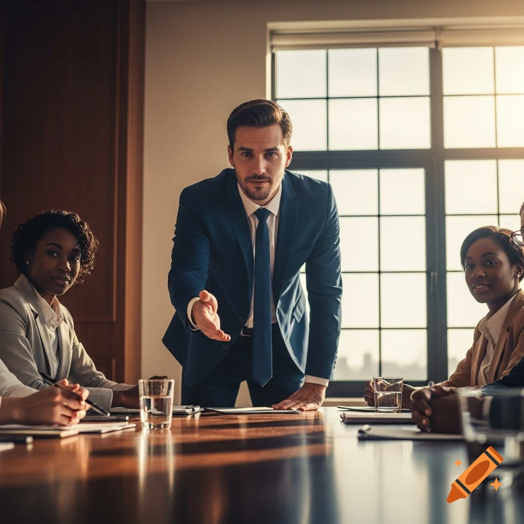 A man in a blue suit stands at a conference table, extending his hand towards the viewer, with other professionals observing.