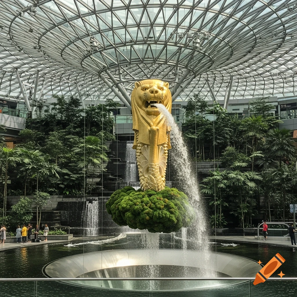 A golden Merlion statue with green moss on its base spouts water into a circular pool, surrounded by lush indoor trees under a grand glass-domed roof.