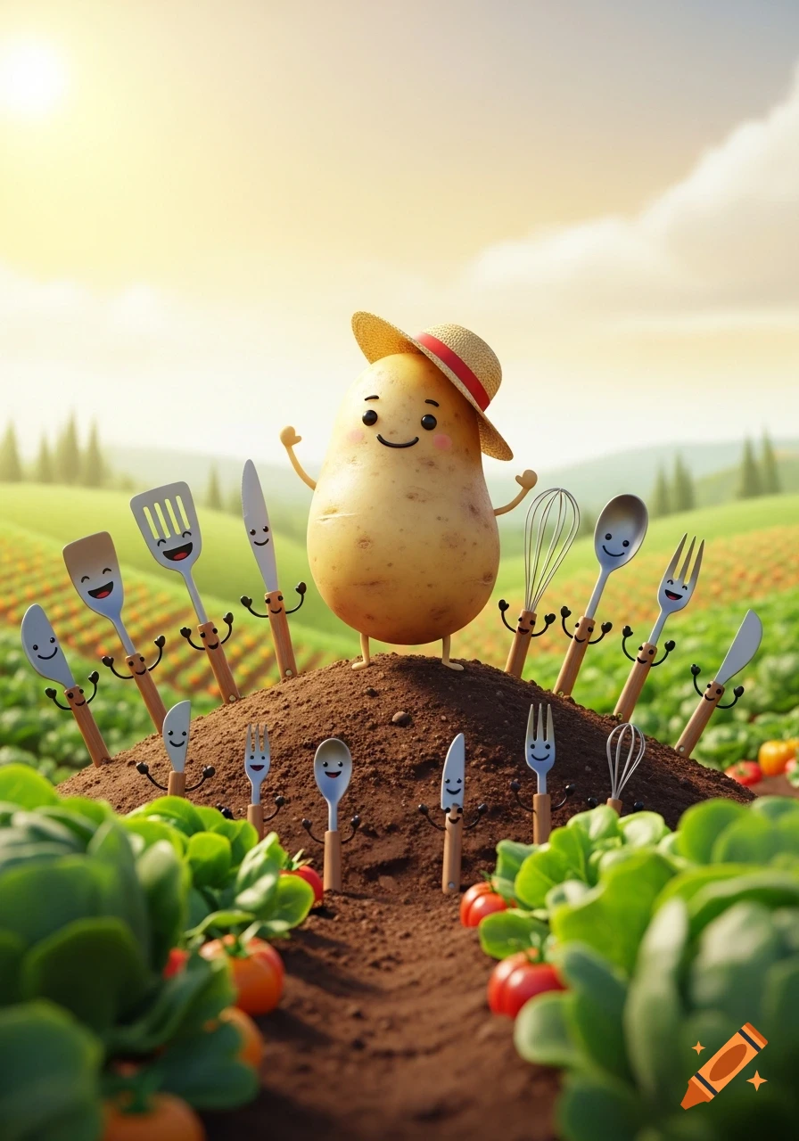 A cute potato with a straw hat smiles on a dirt mound, surrounded by smiling kitchen utensils in a sunny farm field with green crops.