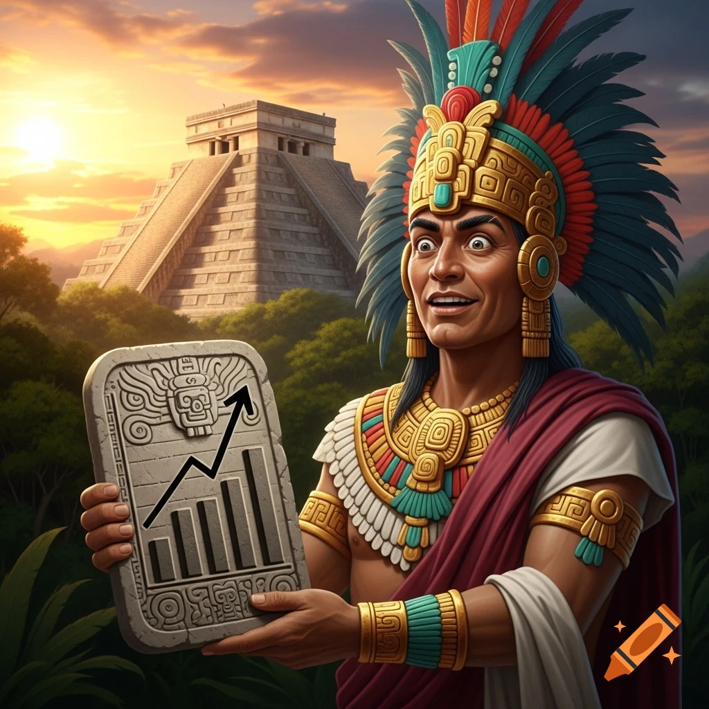 A man in colorful Mayan attire with a surprised expression holds a stone tablet showing a bar chart with an upward arrow, in front of a Mayan pyramid at sunset.