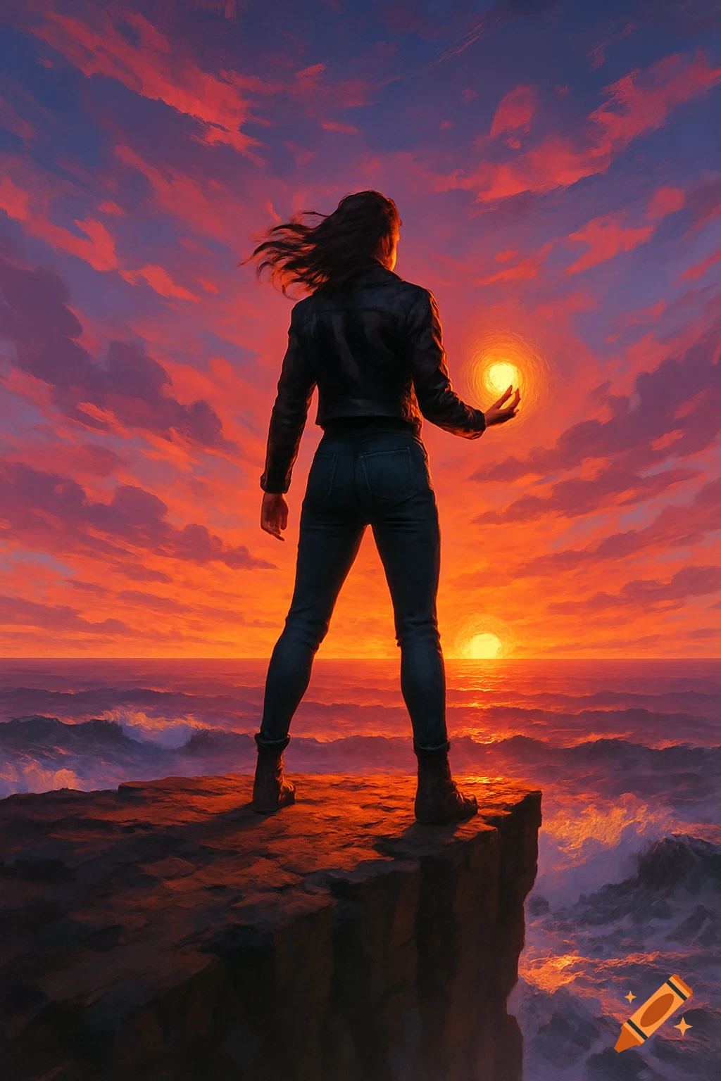 A woman in a leather jacket stands on a cliff overlooking a fiery ...