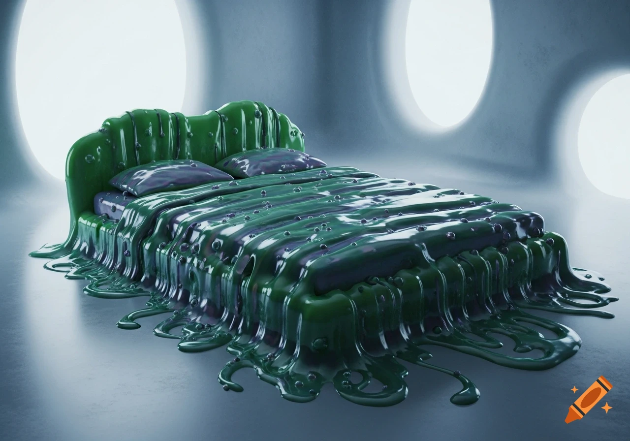 A bed entirely made of and covered in glossy, dripping green slime in a minimalist room with large circular light sources.