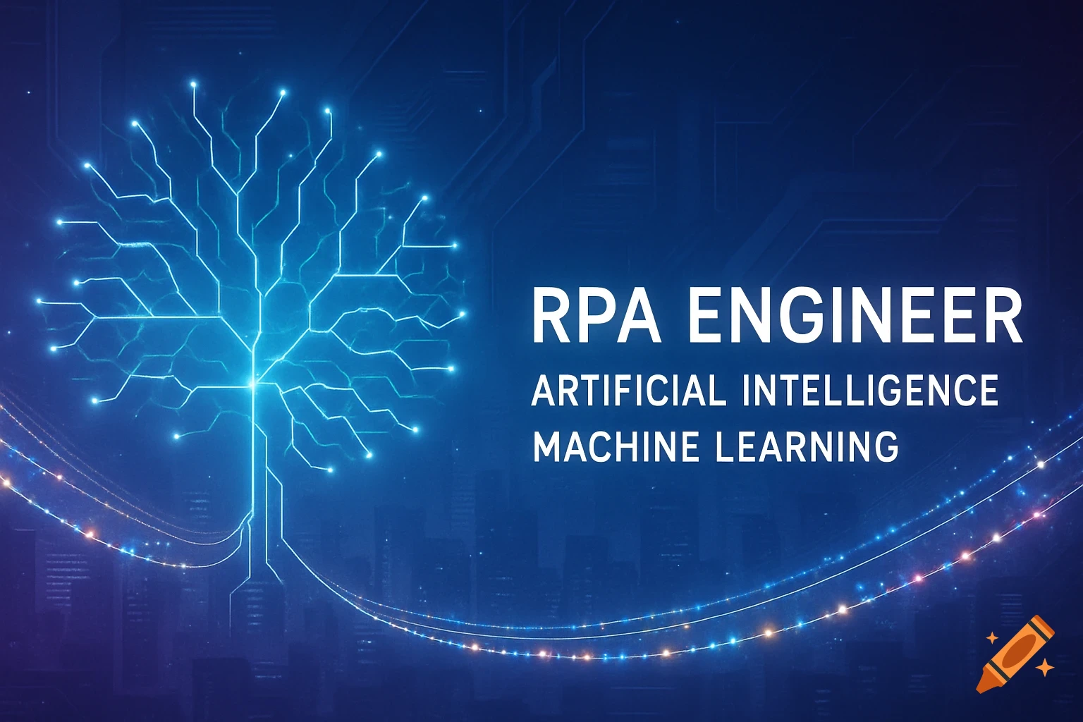 A futuristic blue and purple tech banner with a glowing neural network, data streams, and text: RPA Engineer, Artificial Intelligence, Machine Learning.