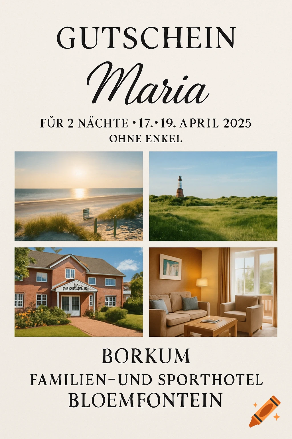 A beige vacation voucher for Maria, featuring four scenic photos: a sunset beach, a lighthouse in grassy dunes, a brick hotel, and a cozy hotel room. Text includes dates and hotel name.
