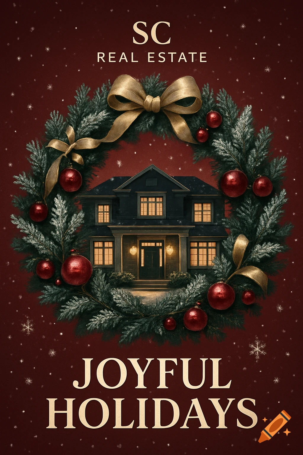 A festive Christmas wreath with a house, red ornaments, and golden bows on a red snowy background. Text reads SC REAL ESTATE and JOYFUL HOLIDAYS.