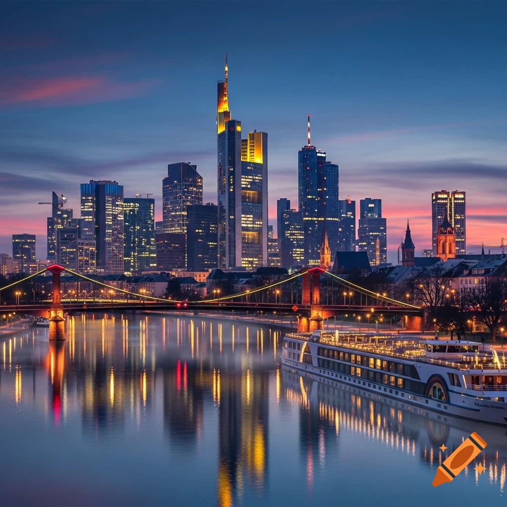 Photorealistic image of the Frankfurt skyline illuminated at dusk, reflected in the Main River, with an Aida cruise ship.