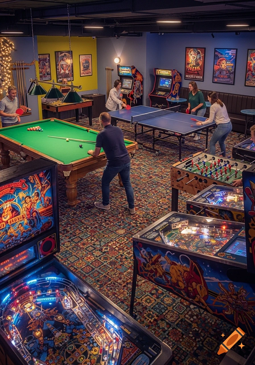 An overhead shot of a lively game room with people playing billiards, ping-pong, foosball, and pinball machines. Posters adorn the walls, and a colorful patterned carpet covers the floor.