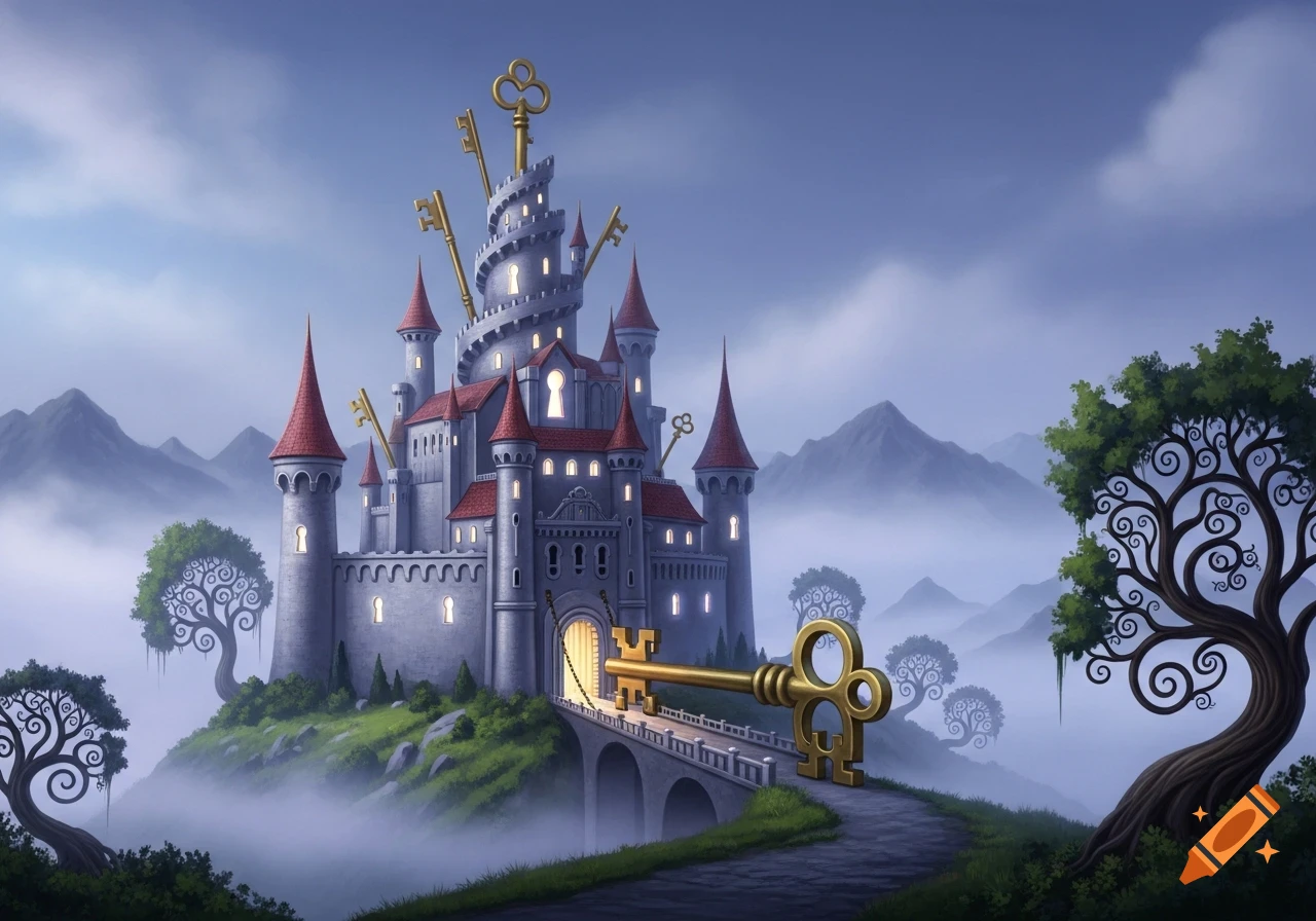 A whimsical castle with red roofs and numerous golden keys embedded in its walls and towers, connected by a bridge to a giant key, surrounded by misty mountains and stylized trees.