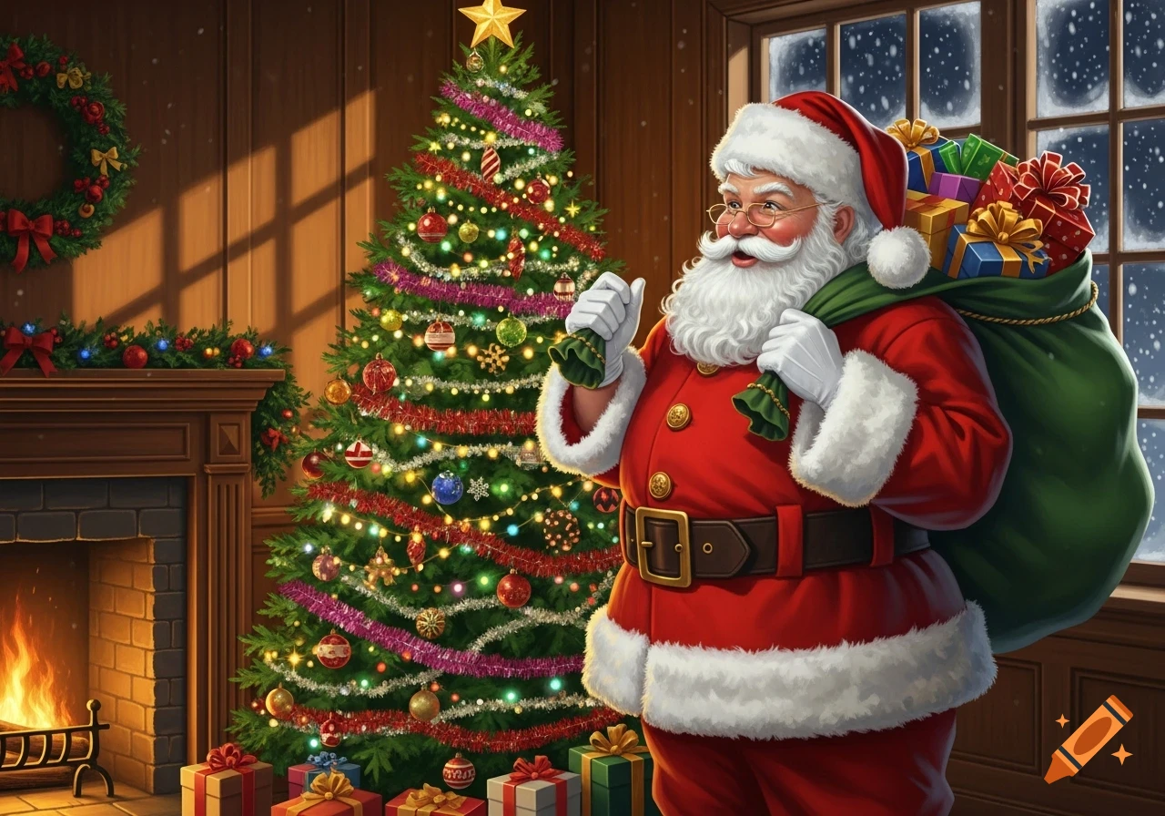 Santa Claus stands by a beautifully decorated Christmas tree, holding a sack of gifts, next to a cozy fireplace and snowy window.