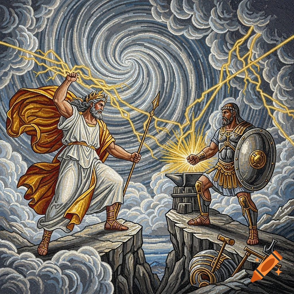 Mosaic depicting Zeus throwing lightning at a warrior with a shield and anvil on rocky cliffs under a swirling sky.
