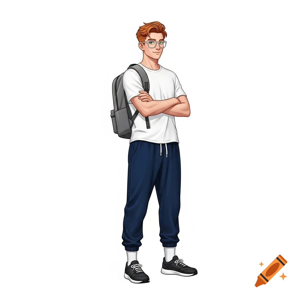 Anime illustration of a red-haired man in glasses, white t-shirt, blue sweatpants, and a backpack, with his arms crossed.