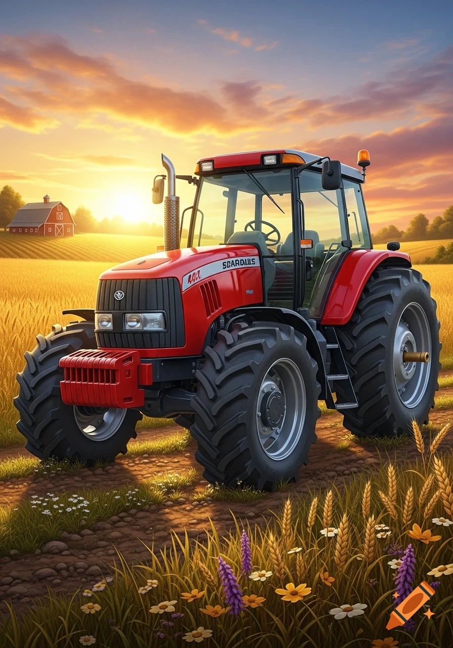 A vibrant red tractor stands in a golden wheat field at sunset, with a red barn visible in the distance under an orange sky. Wildflowers dot the foreground.