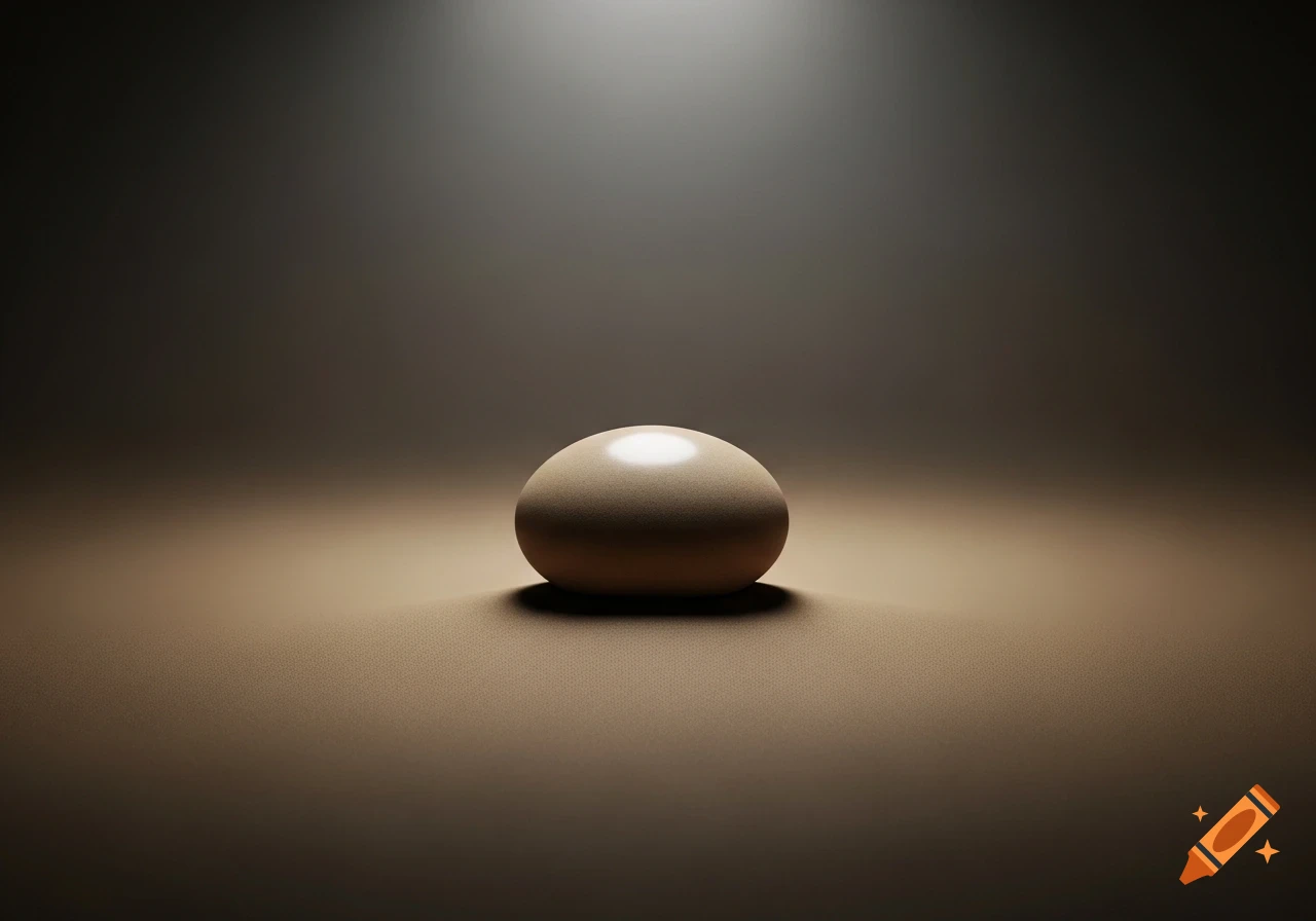 A light brown textured sphere under a spotlight, centered on a gradient brown background.