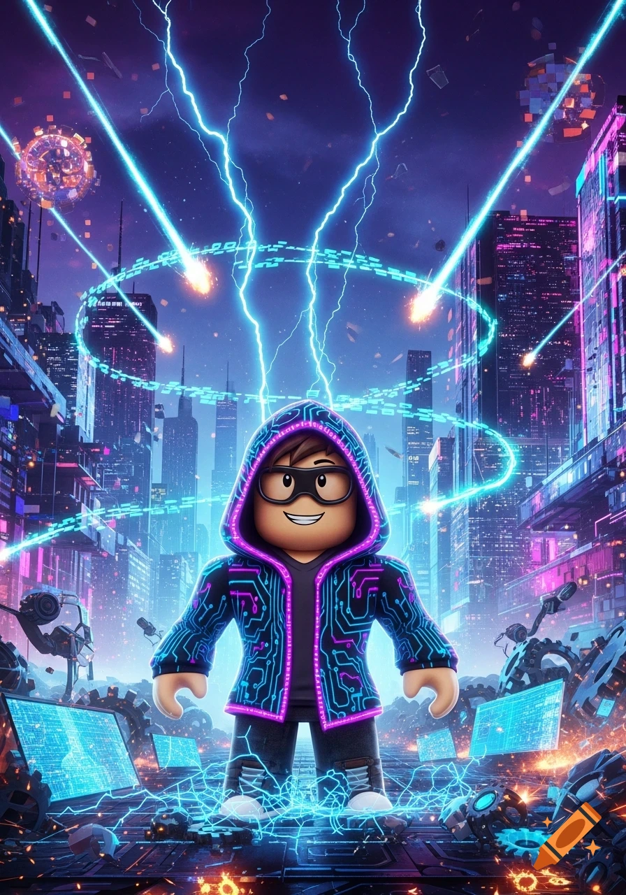 Roblox-style character in a cyber-tech hoodie stands heroically amidst a futuristic city with glowing lightning and digital screens.