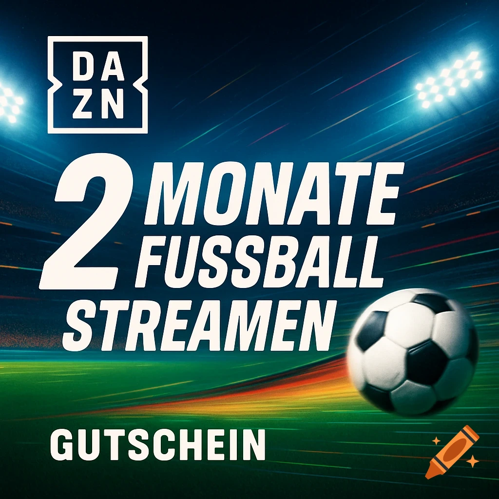 DAZN logo, soccer ball, stadium lights, and text '2 MONATE FUSSBALL STREAMEN GUTSCHIEN' on a stylized field.
