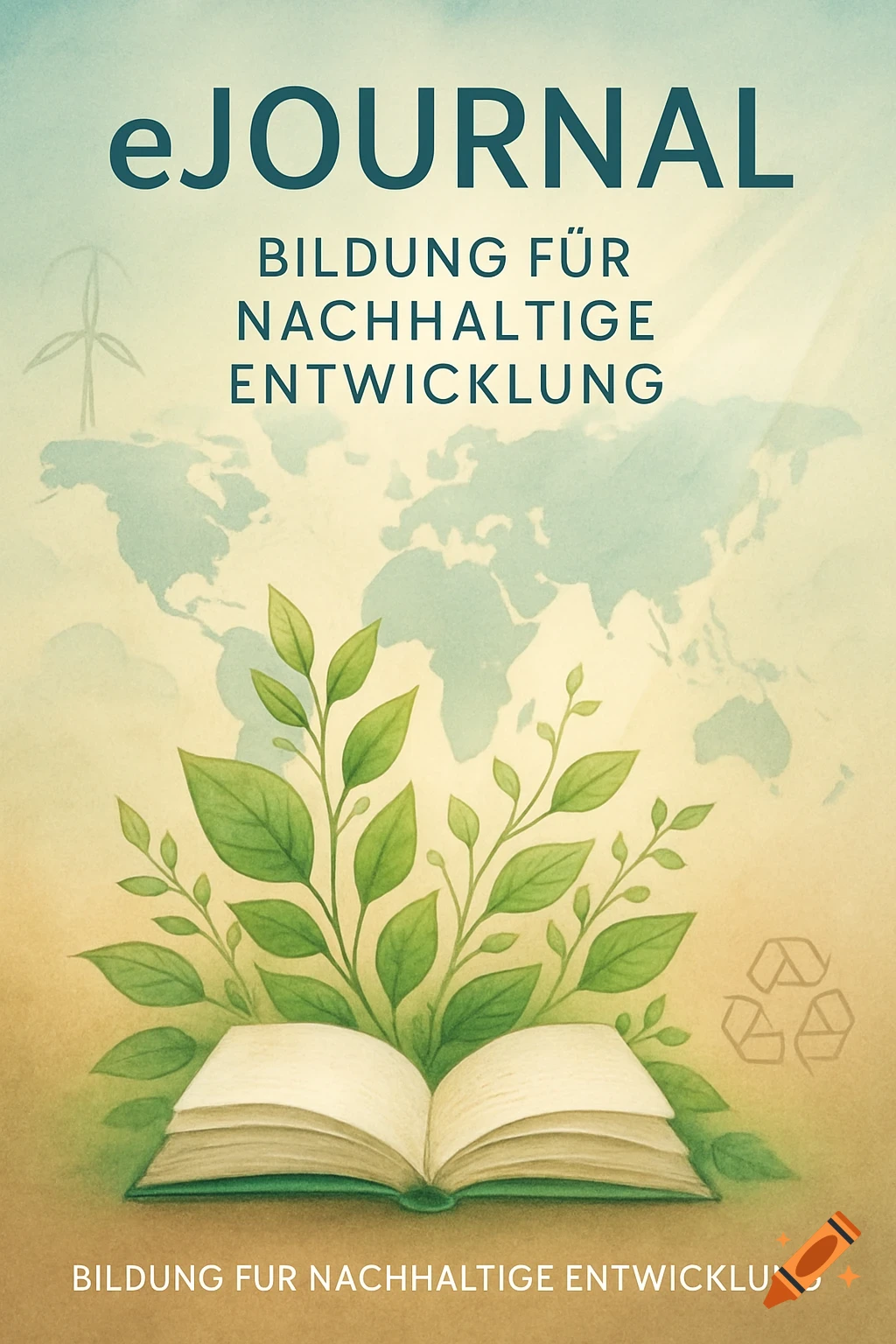 Watercolor e-journal cover with 'Bildung für Nachhaltige Entwicklung' text, an open book with leaves, a world map, wind turbine, and recycling symbol.