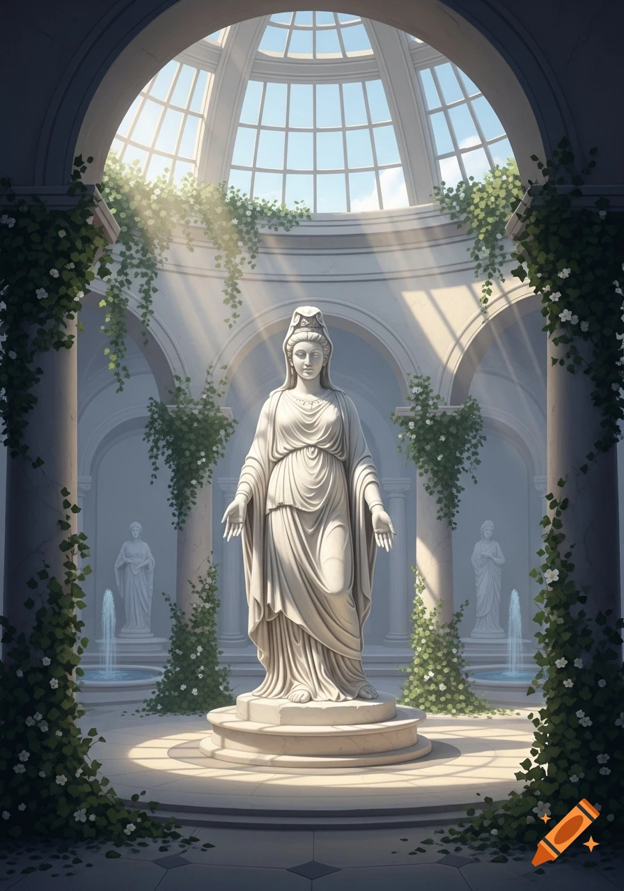 A white marble statue of a goddess stands in a classical domed hall with ivy, illuminated by sunlight.