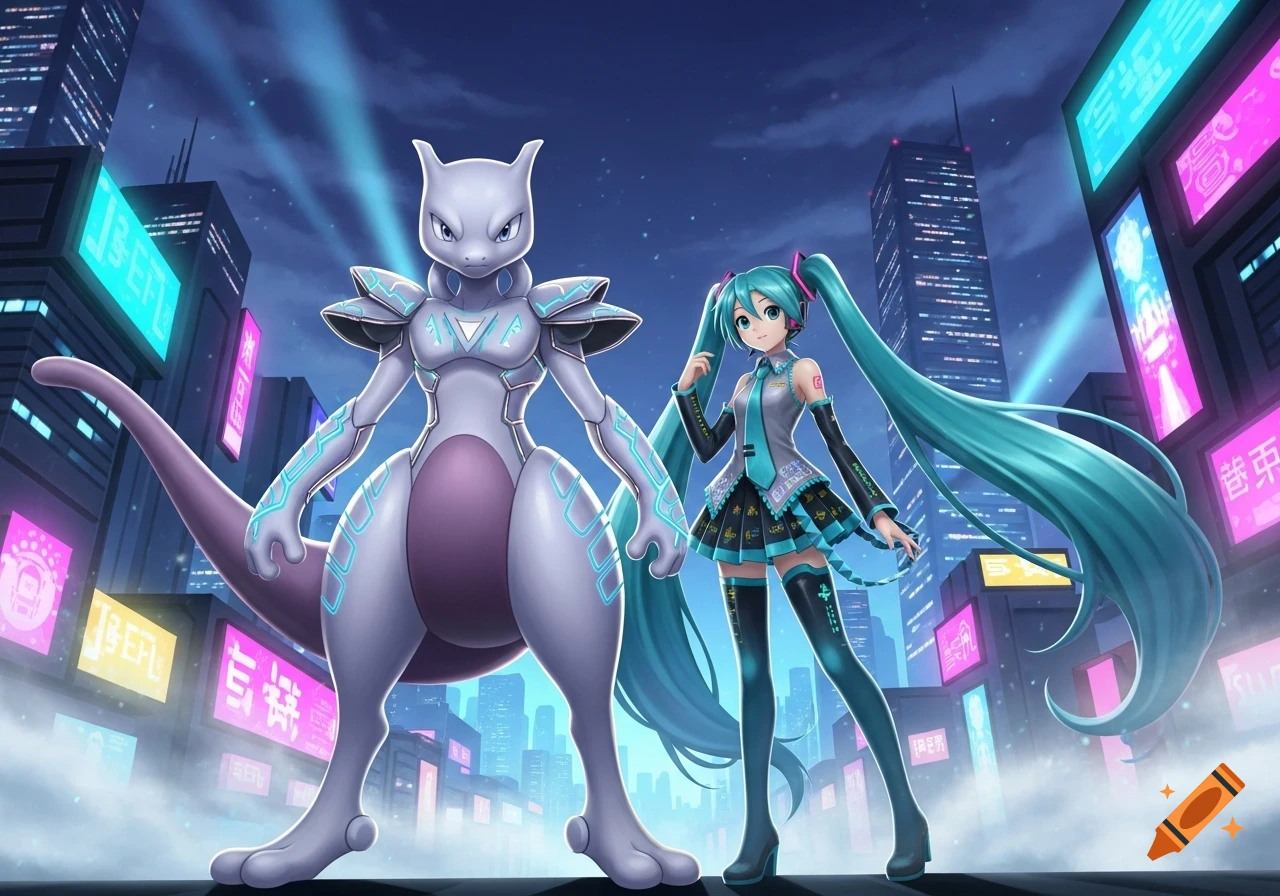 Mewtwo in armored vocaloid-style gear stands next to Hatsune Miku in a glowing futuristic city at night.