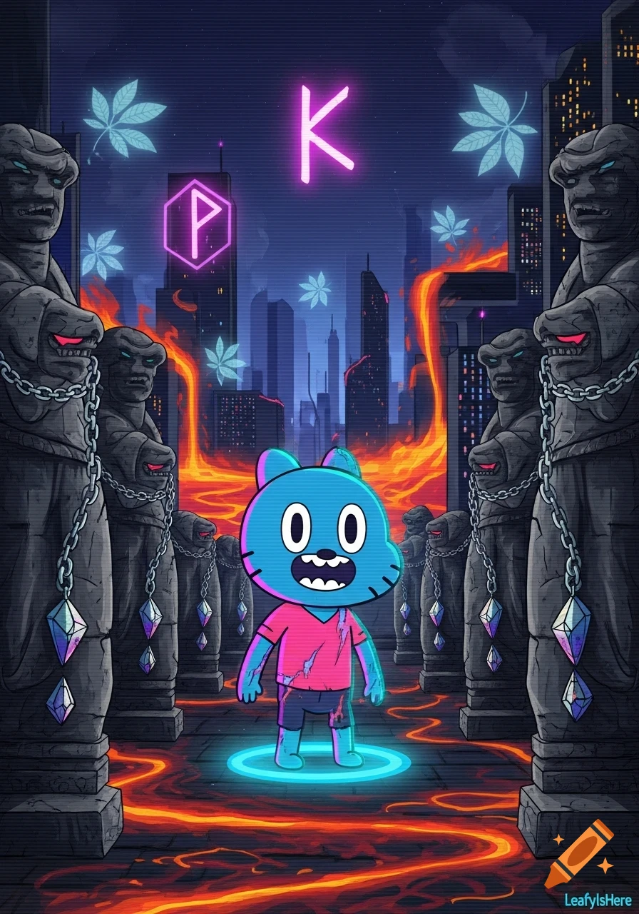 Gumball stands on a glowing platform in a city filled with lava ...