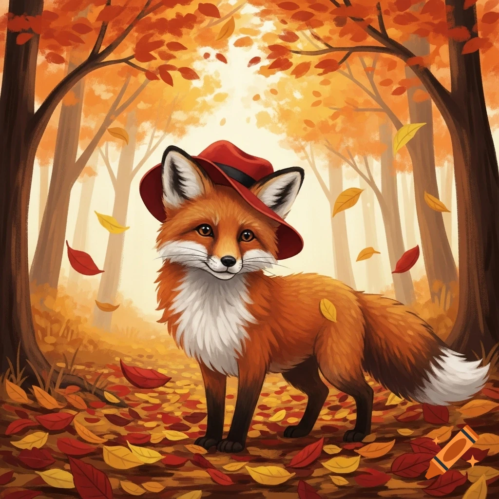 A cute cartoon fox wearing a red hat stands in an autumn forest with falling red and yellow leaves.