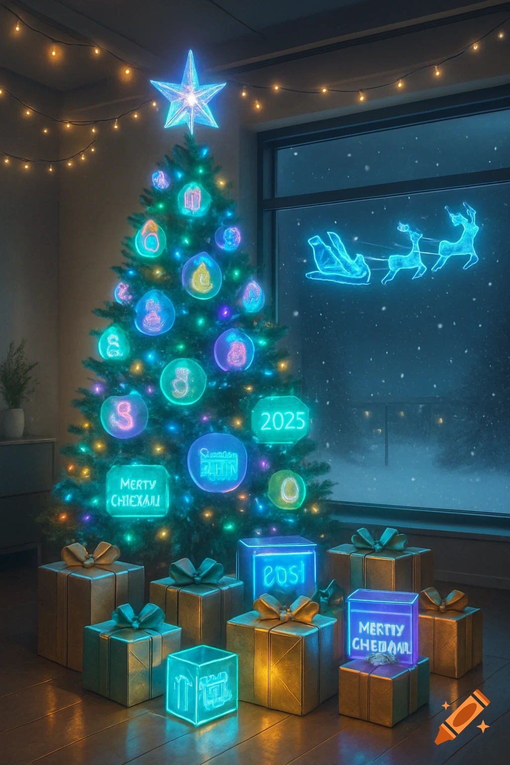 A glowing Christmas tree with a star topper and ornaments, surrounded by wrapped gifts, in a room overlooking a snowy window with a neon Santa and reindeer.