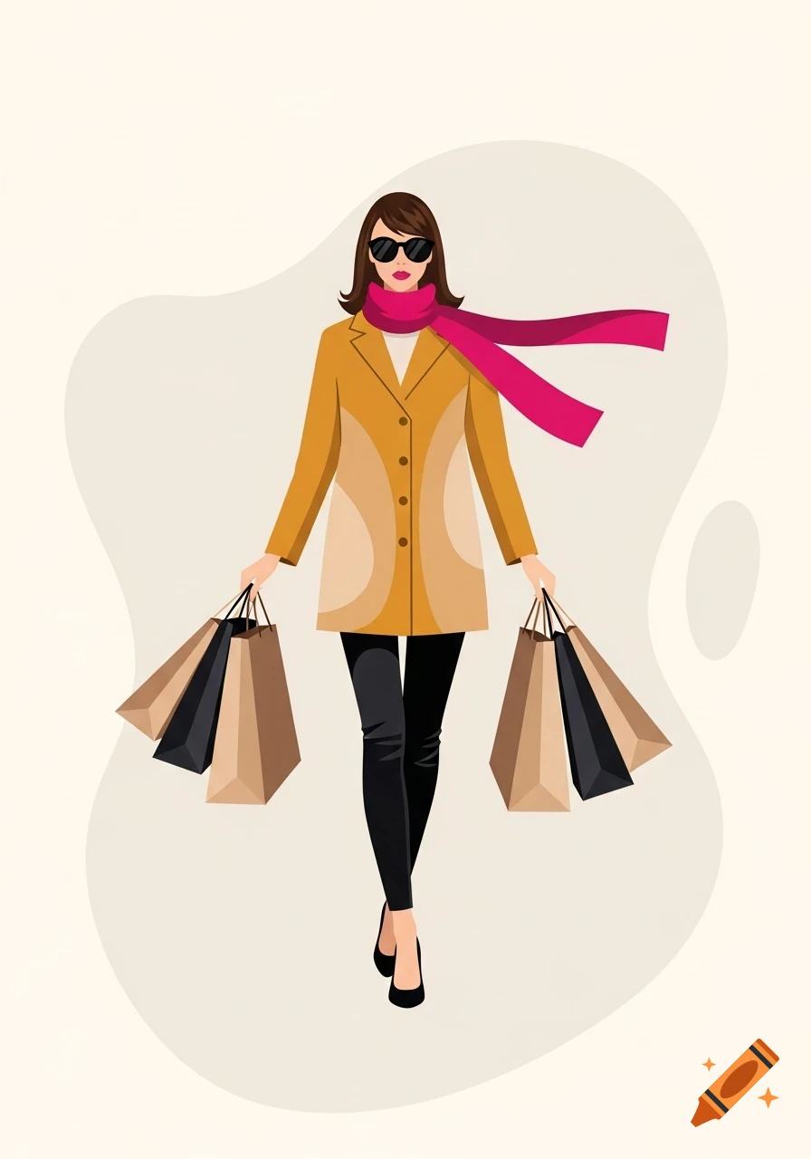 A stylish woman in a mustard coat, black pants, and a pink scarf, carrying shopping bags in a flat design illustration.