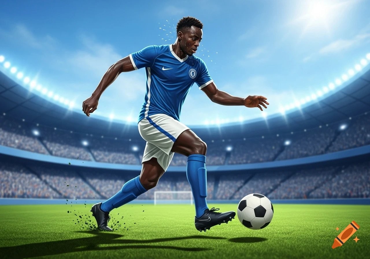A fit African soccer player in a blue uniform dribbles a ball on a green field in a stadium under a blue sky, photorealistic style.