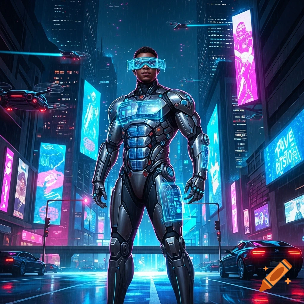 A muscular man in a futuristic armored suit with glowing blue displays stands in a neon-lit cyberpunk city with flying drones and cars.