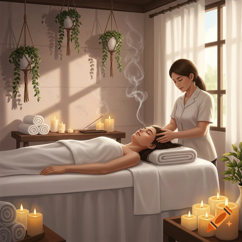 A person lying on a massage table receiving a head massage in a serene spa room with candles and hanging plants.